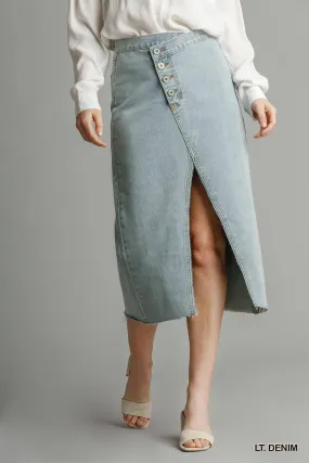 Light Denim Asymmetrical Waist & Button Up Front Split Denim Skirt With Back Pockets And Unfinished Hem