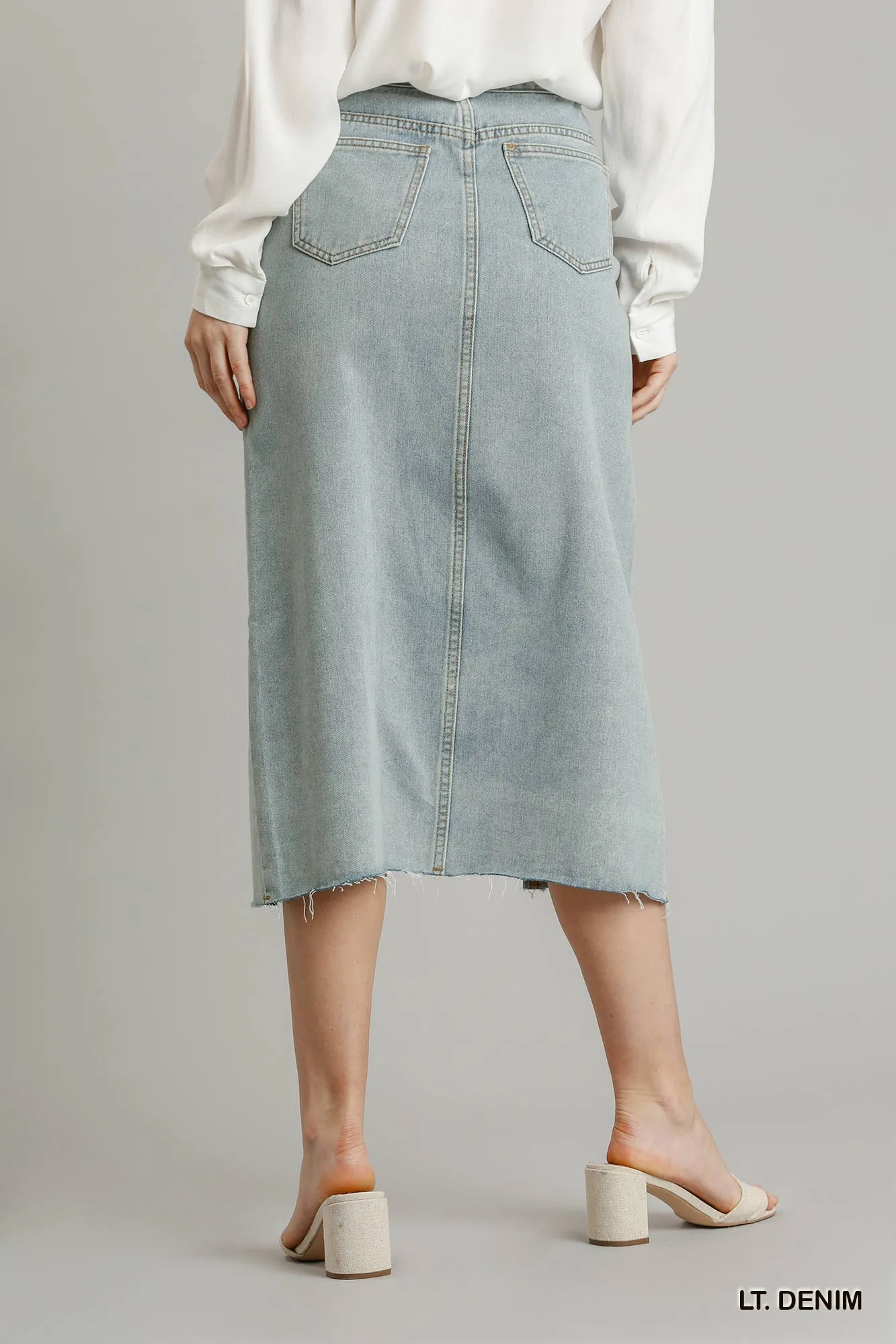 Light Denim Asymmetrical Waist & Button Up Front Split Denim Skirt With Back Pockets And Unfinished Hem
