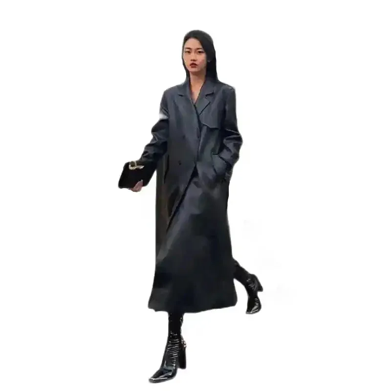 Long Black Faux Fur Trench Coat With Belt and Double Button