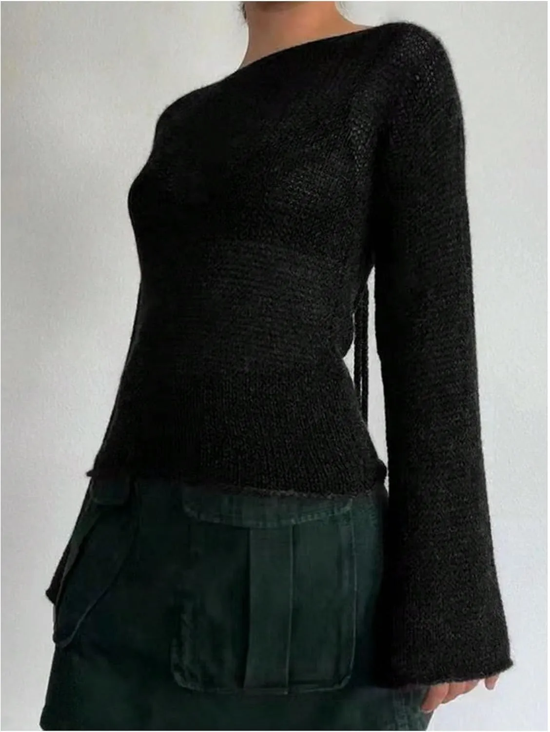 MakeMeChic Women's Tie Backless Lightweight Sweater Y2k Bell Sleeve Oversized Knit Sweater Top