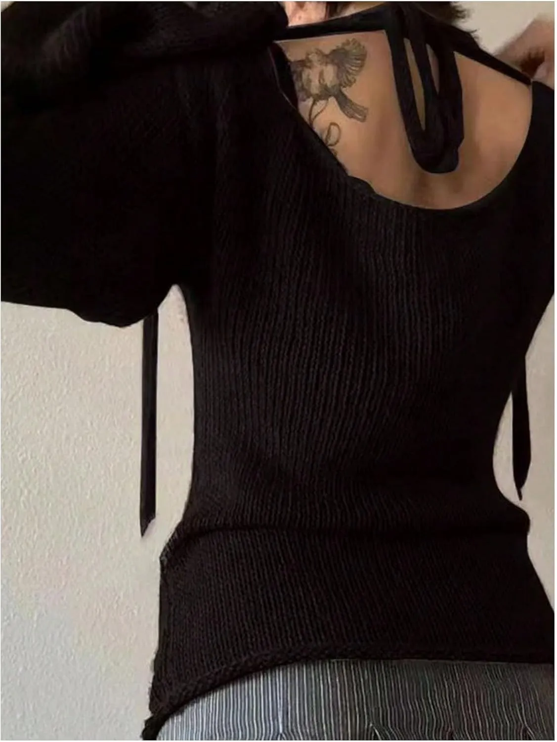 MakeMeChic Women's Tie Backless Lightweight Sweater Y2k Bell Sleeve Oversized Knit Sweater Top