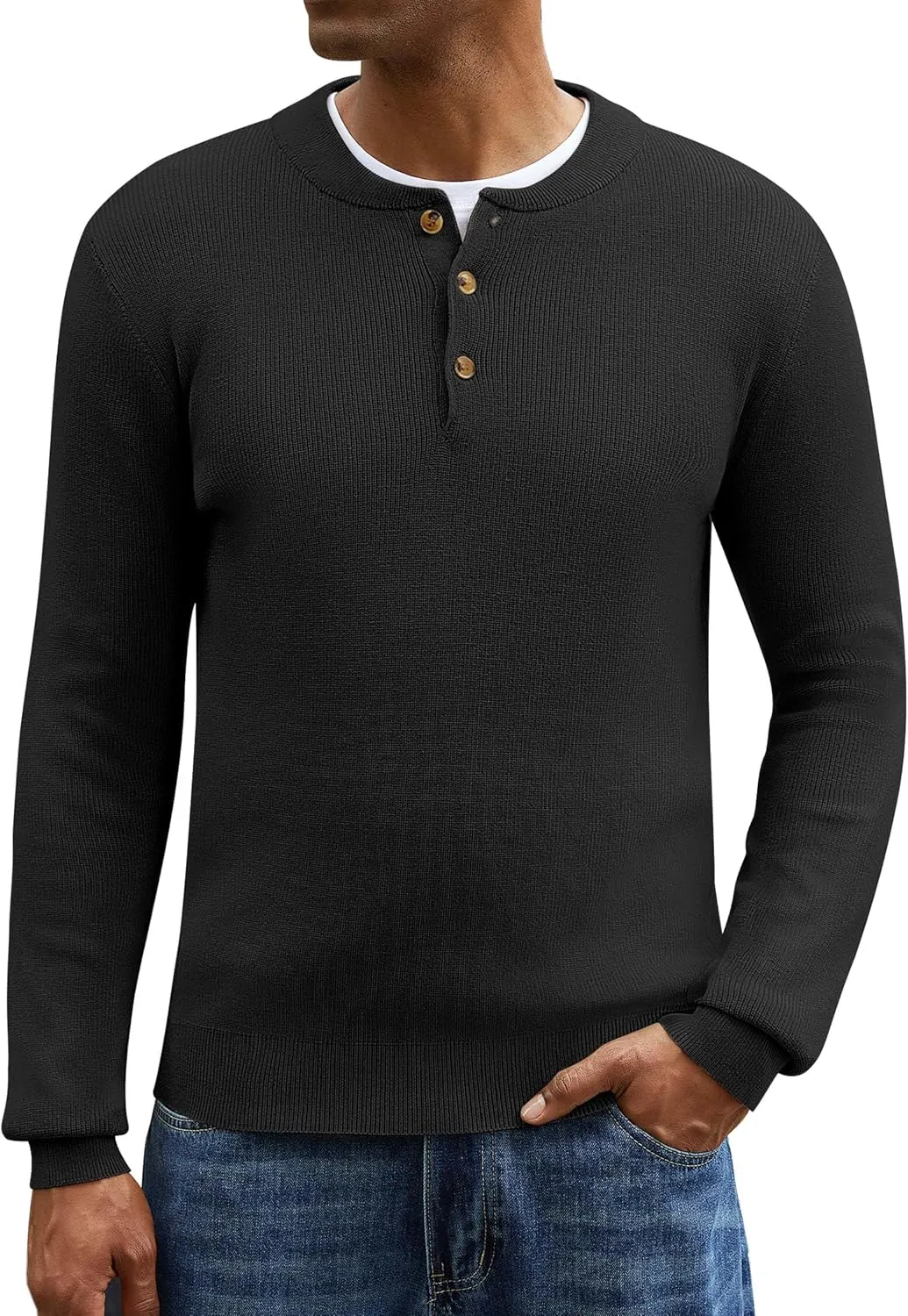 Men Henley Knit Sweater Long Sleeve Button Sweater Casual Pullover Lightweight Slim Fit Tops