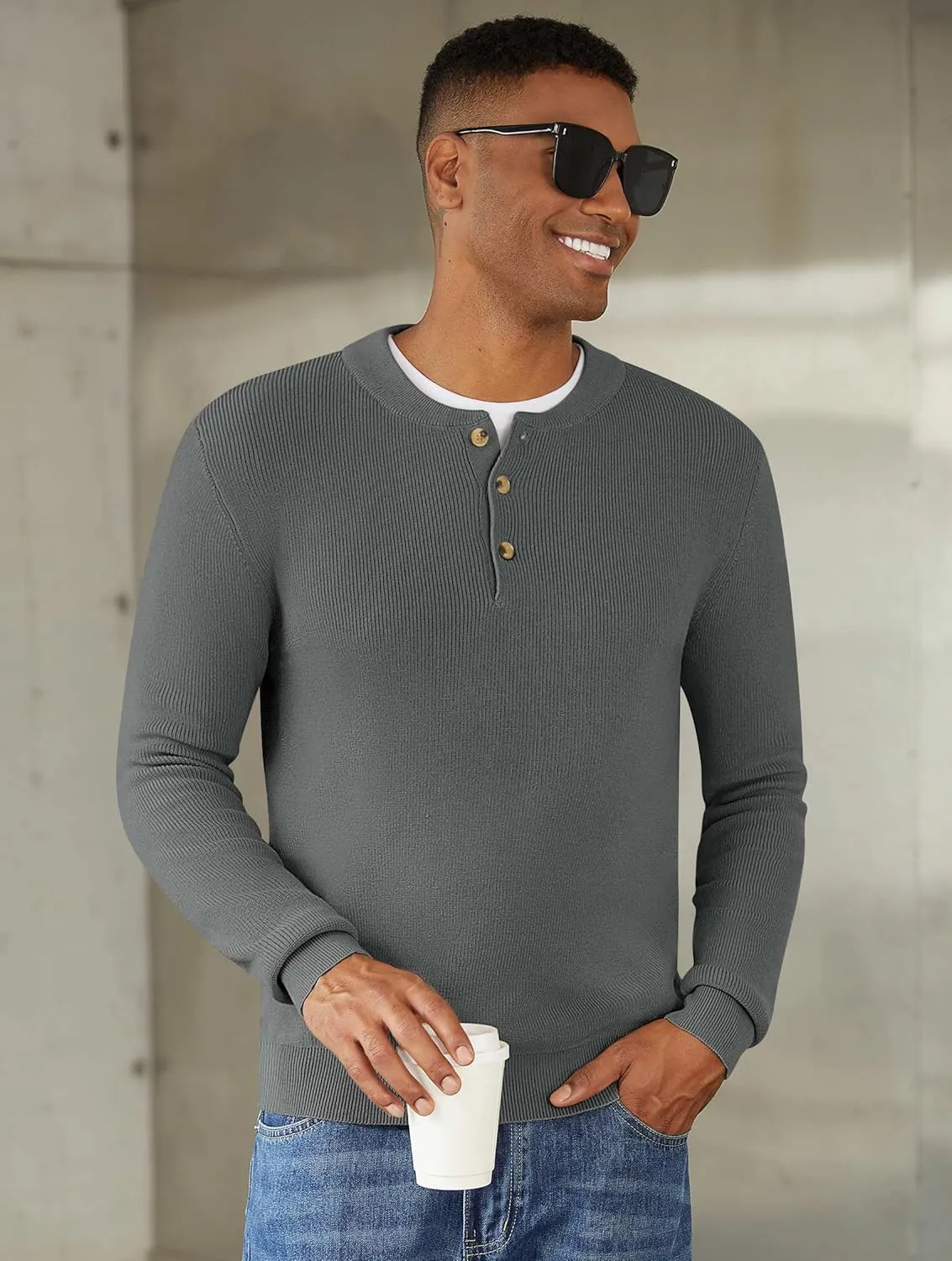 Men Henley Knit Sweater Long Sleeve Button Sweater Casual Pullover Lightweight Slim Fit Tops