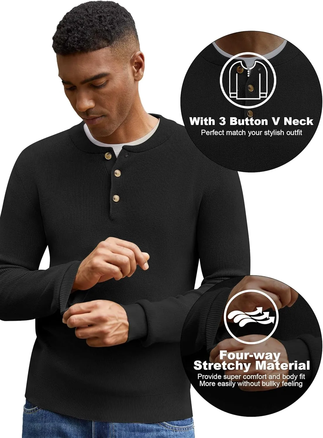 Men Henley Knit Sweater Long Sleeve Button Sweater Casual Pullover Lightweight Slim Fit Tops