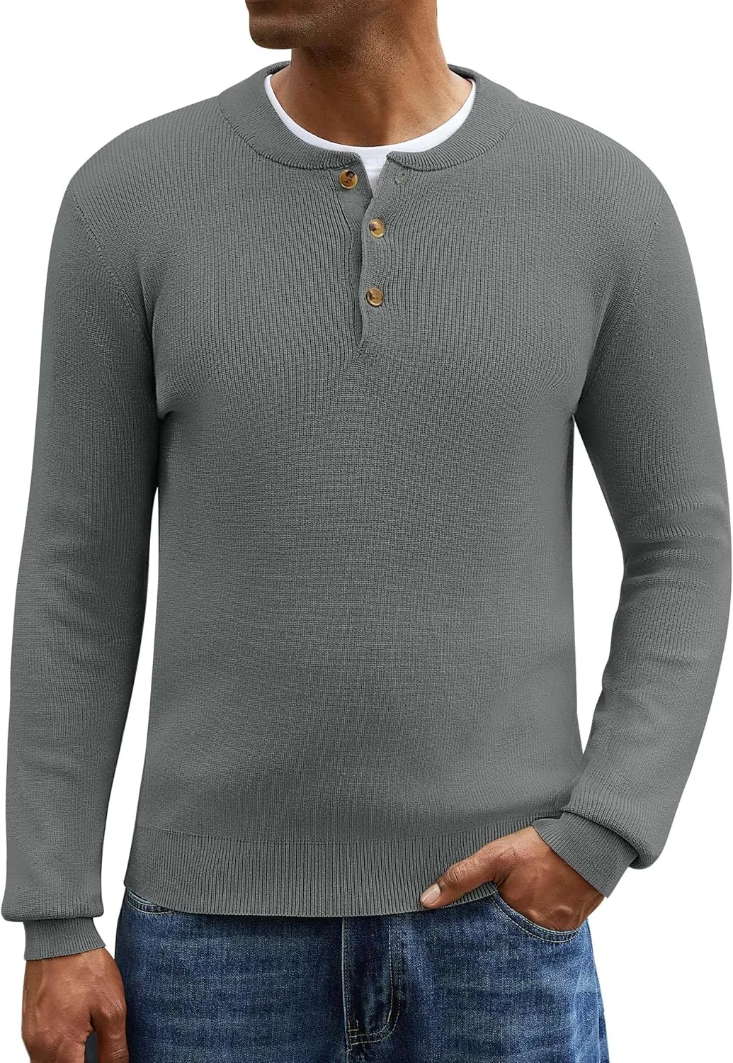 Men Henley Knit Sweater Long Sleeve Button Sweater Casual Pullover Lightweight Slim Fit Tops