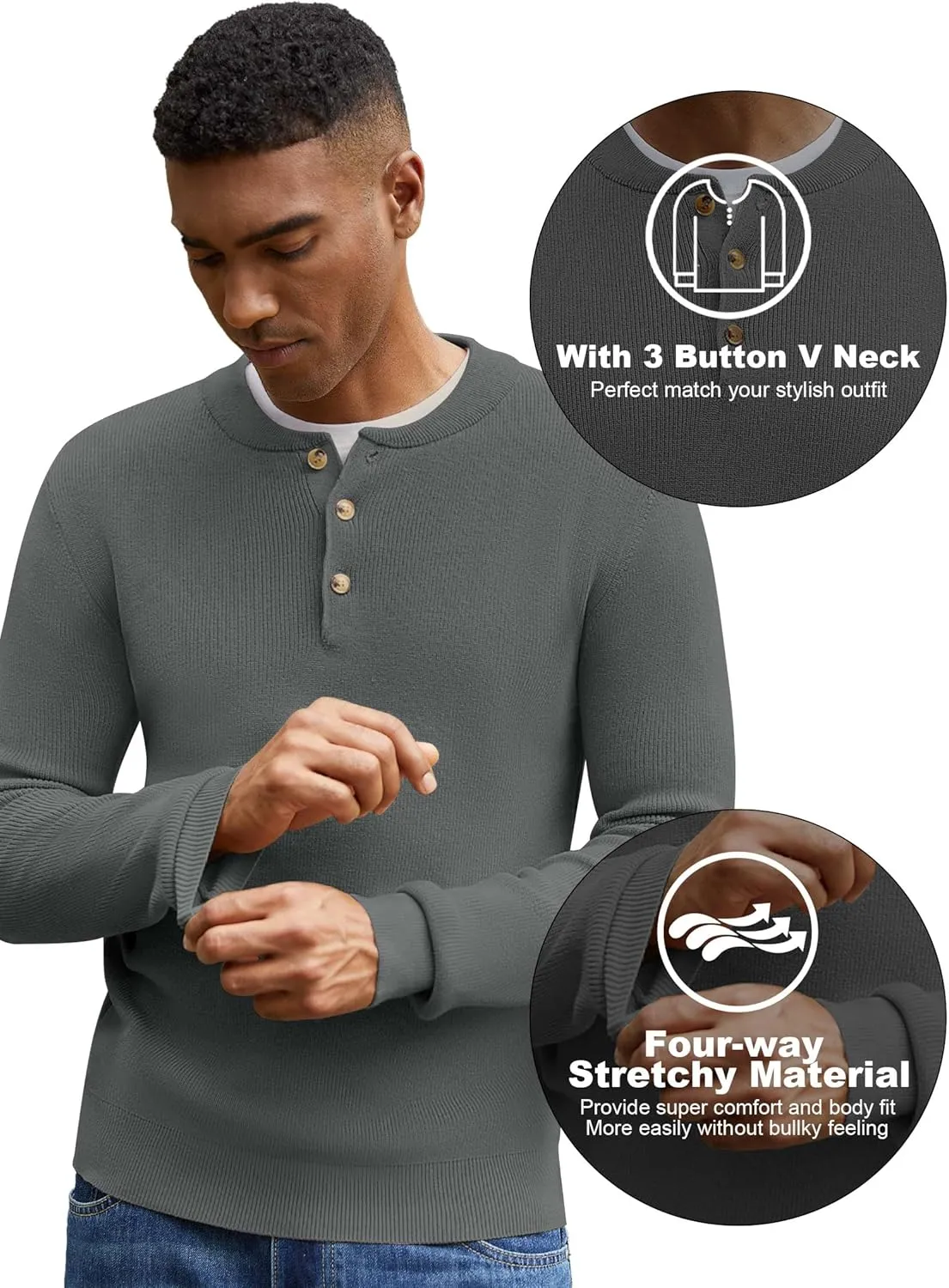 Men Henley Knit Sweater Long Sleeve Button Sweater Casual Pullover Lightweight Slim Fit Tops