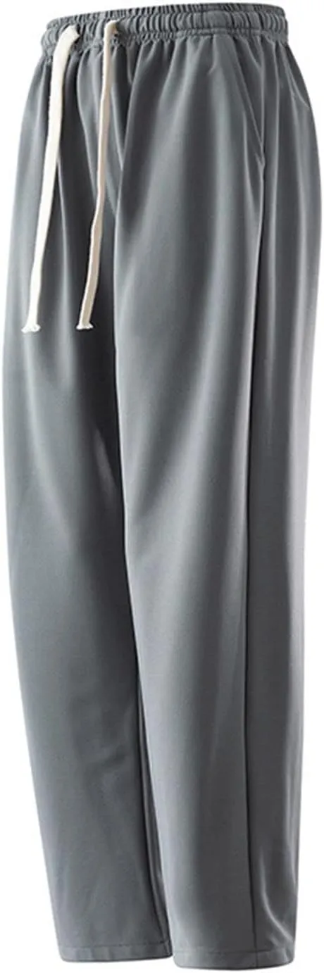 Mens Straight Pants Drawstring Elastic Waist Loose Casual Trousers Wide Leg Relaxed Fit Slacks Trouser with Pockets