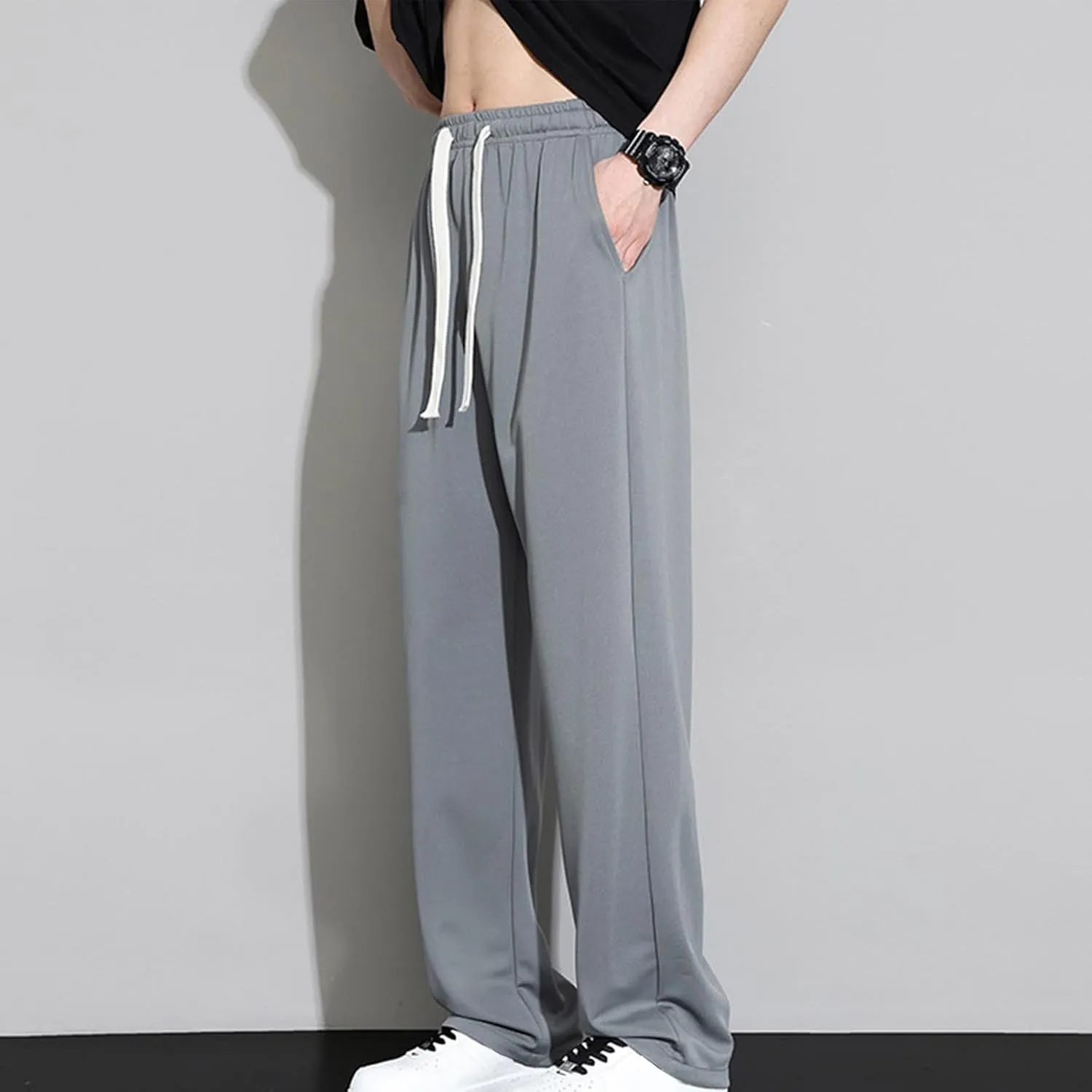 Mens Straight Pants Drawstring Elastic Waist Loose Casual Trousers Wide Leg Relaxed Fit Slacks Trouser with Pockets
