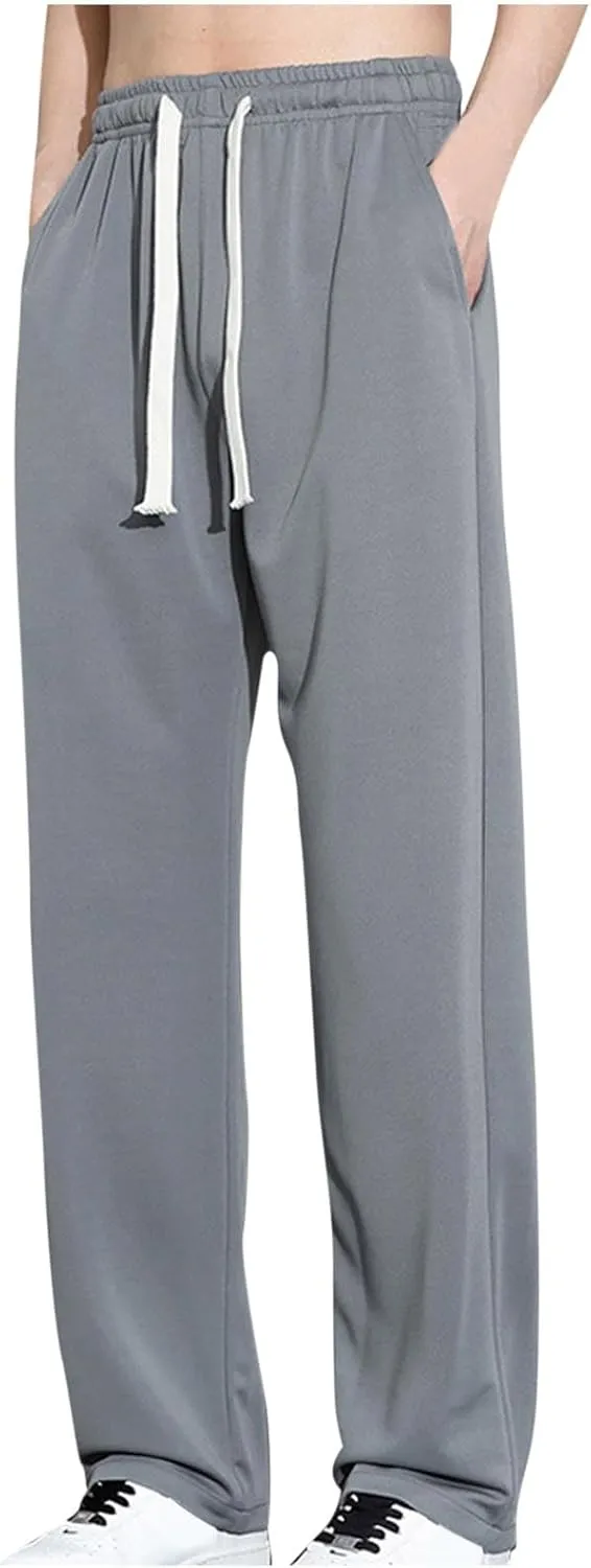 Mens Straight Pants Drawstring Elastic Waist Loose Casual Trousers Wide Leg Relaxed Fit Slacks Trouser with Pockets