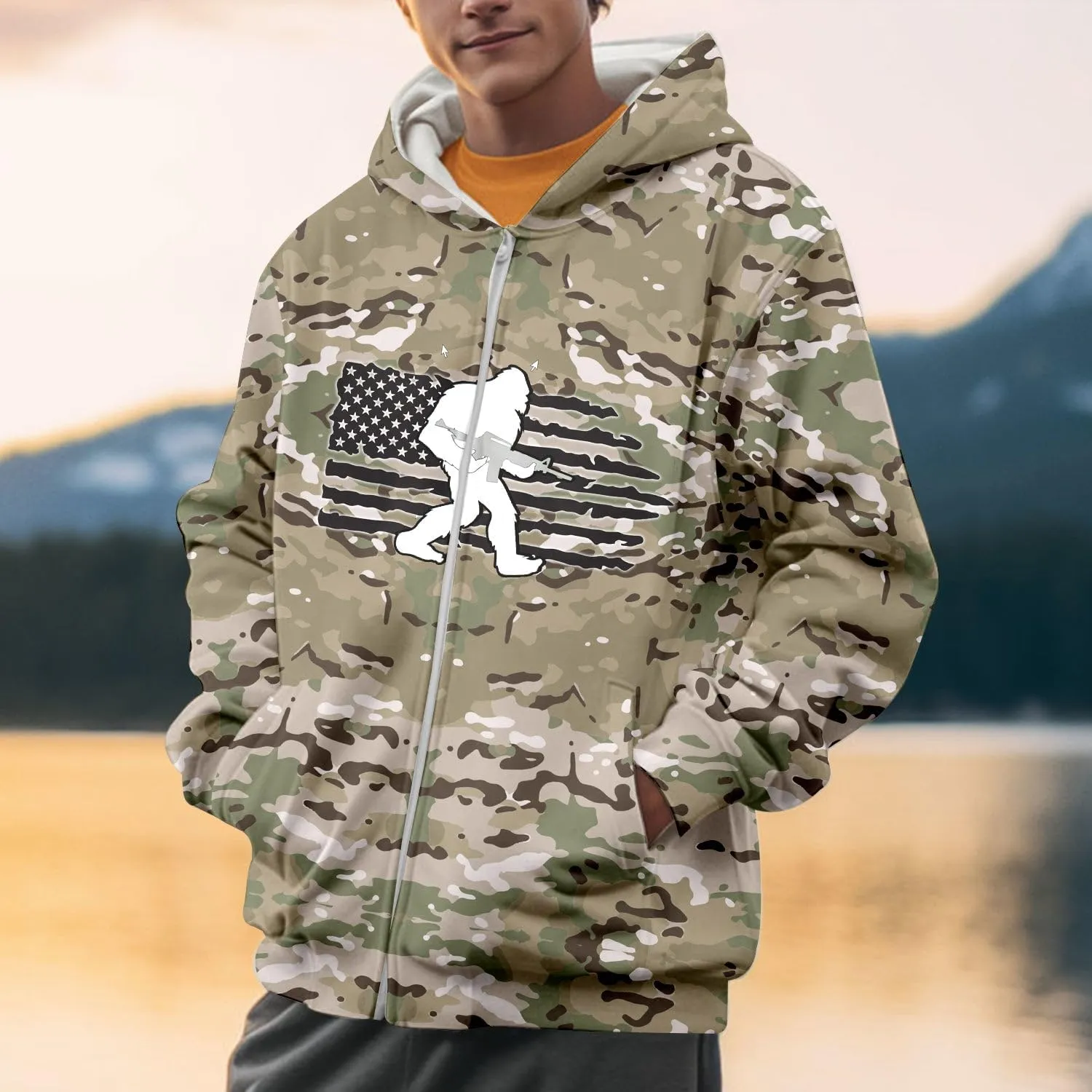Men's Zip Up Bigfoot Hoodie, Bigfoot Camo Shirt, Sasquatch Shirt, Bigfoot Zip Hoodie Hooded Sweatshirt