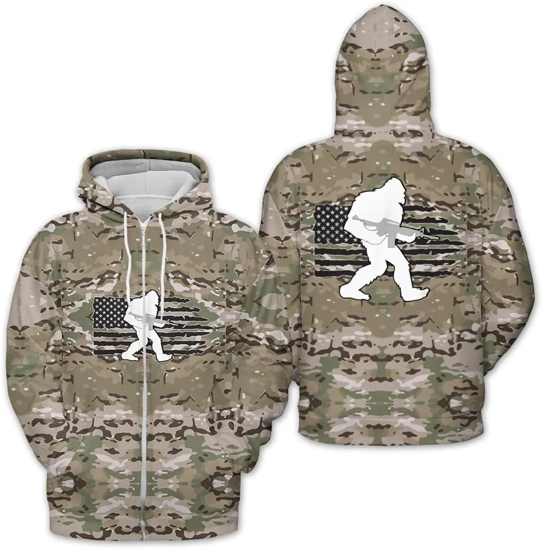 Men's Zip Up Bigfoot Hoodie, Bigfoot Camo Shirt, Sasquatch Shirt, Bigfoot Zip Hoodie Hooded Sweatshirt