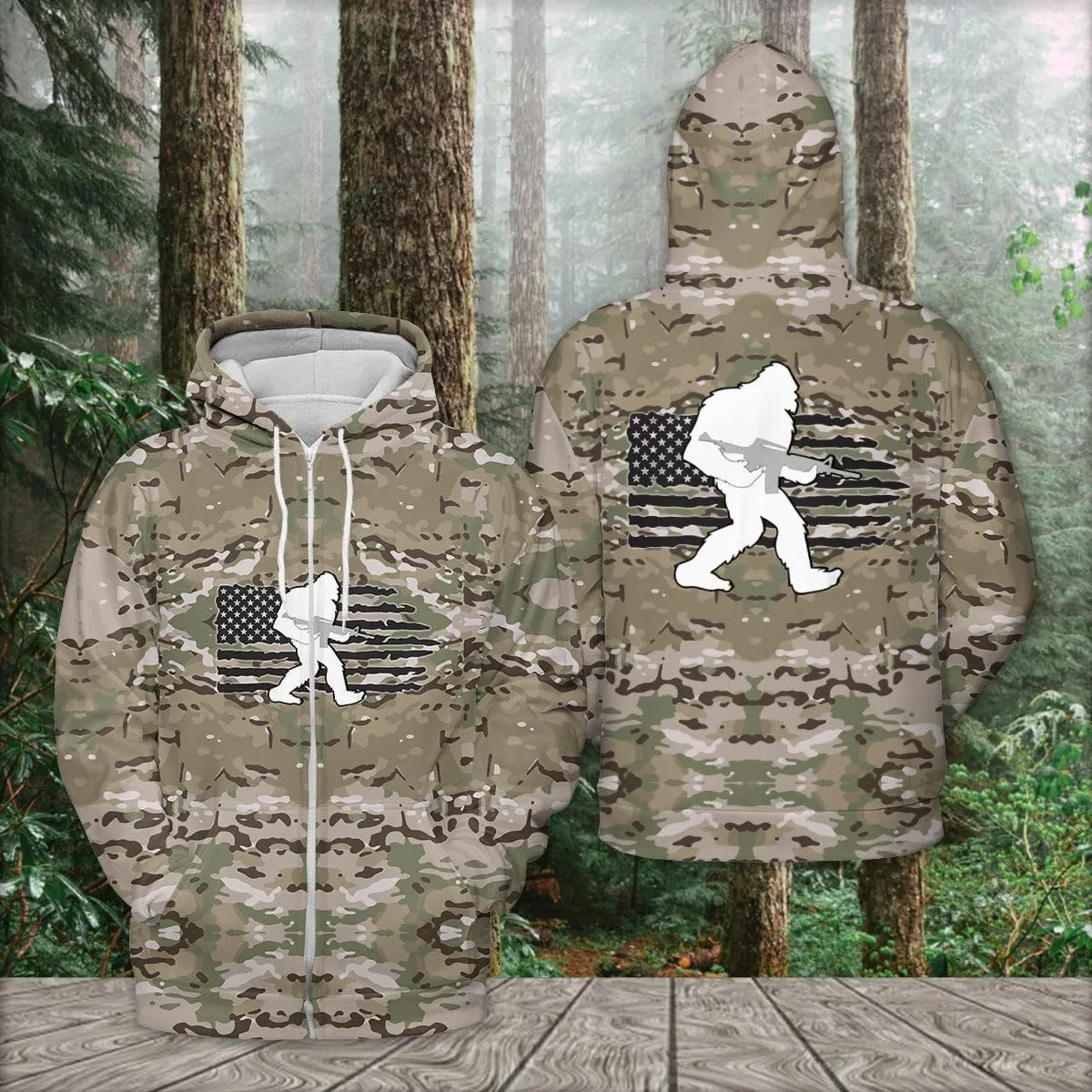 Men's Zip Up Bigfoot Hoodie, Bigfoot Camo Shirt, Sasquatch Shirt, Bigfoot Zip Hoodie Hooded Sweatshirt