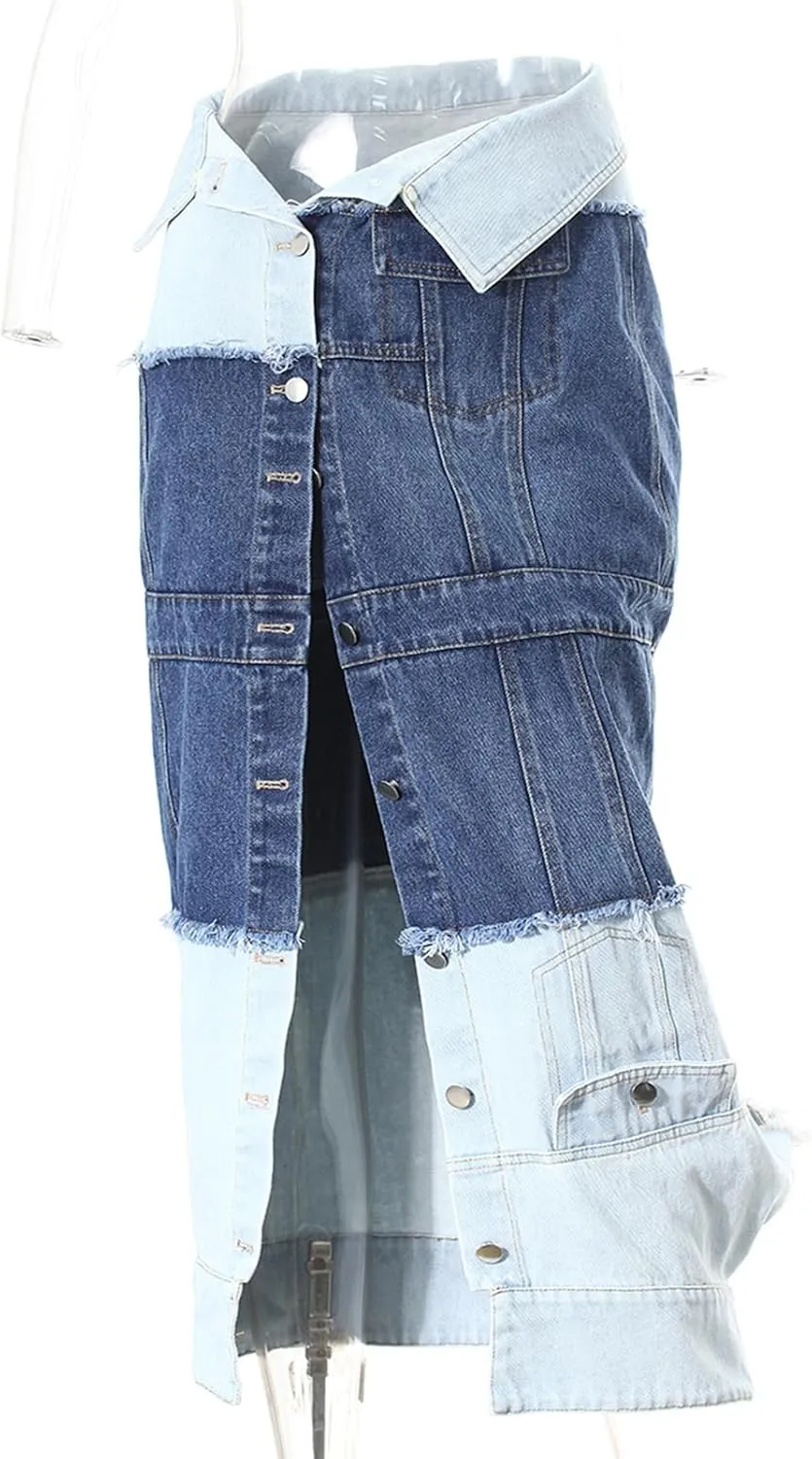 Molisry Women's Cargo Denim Skirt Ripped Sexy High Waisted Destrotyed Patchwork Front Slit Button Down Jean Midi Pencil Skirt
