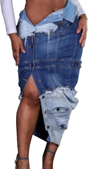 Molisry Women's Cargo Denim Skirt Ripped Sexy High Waisted Destrotyed Patchwork Front Slit Button Down Jean Midi Pencil Skirt