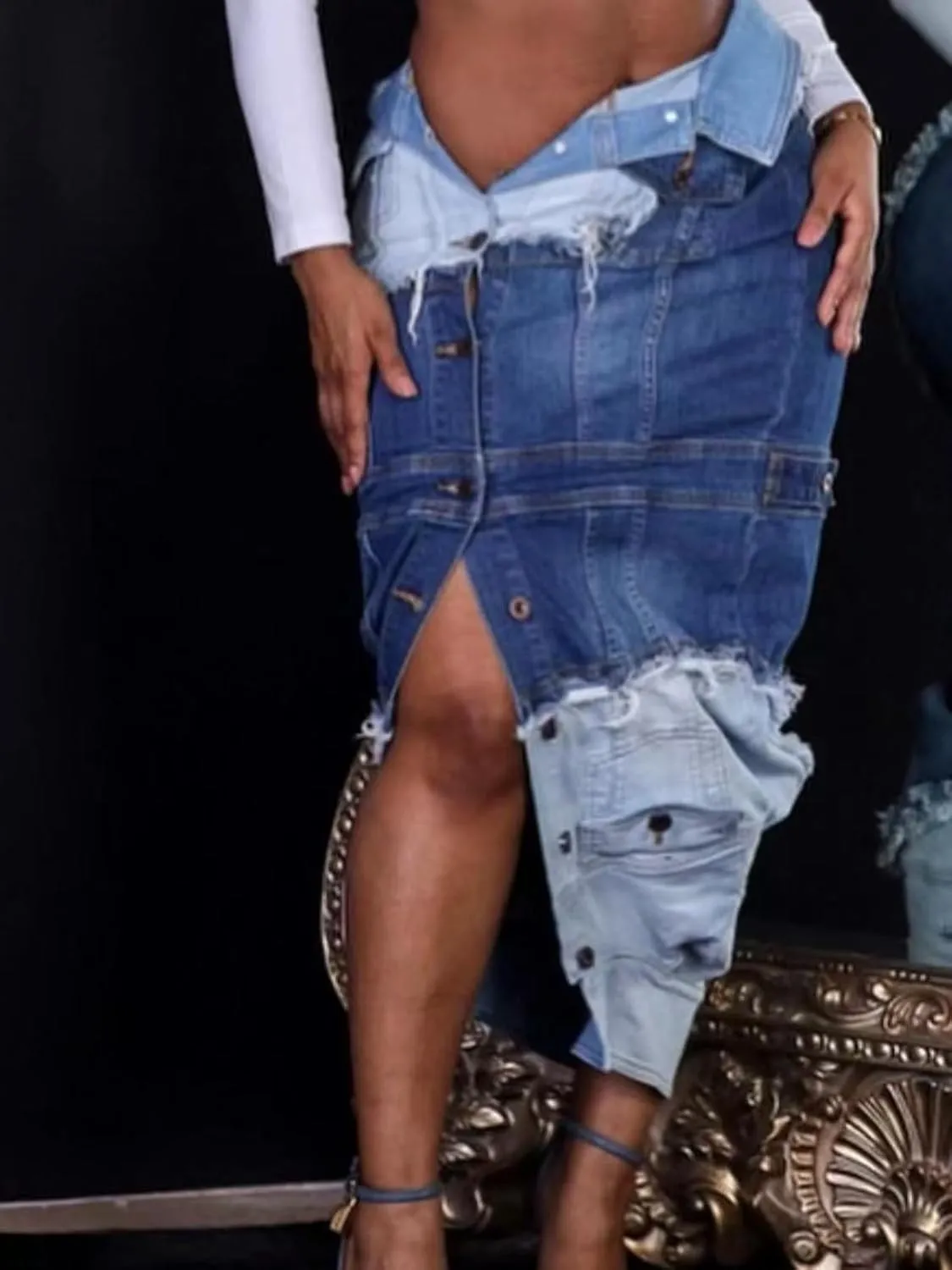 Molisry Women's Cargo Denim Skirt Ripped Sexy High Waisted Destrotyed Patchwork Front Slit Button Down Jean Midi Pencil Skirt