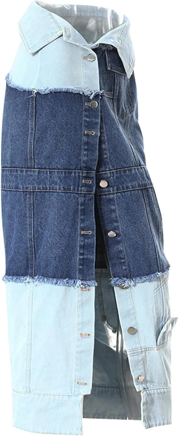 Molisry Women's Cargo Denim Skirt Ripped Sexy High Waisted Destrotyed Patchwork Front Slit Button Down Jean Midi Pencil Skirt