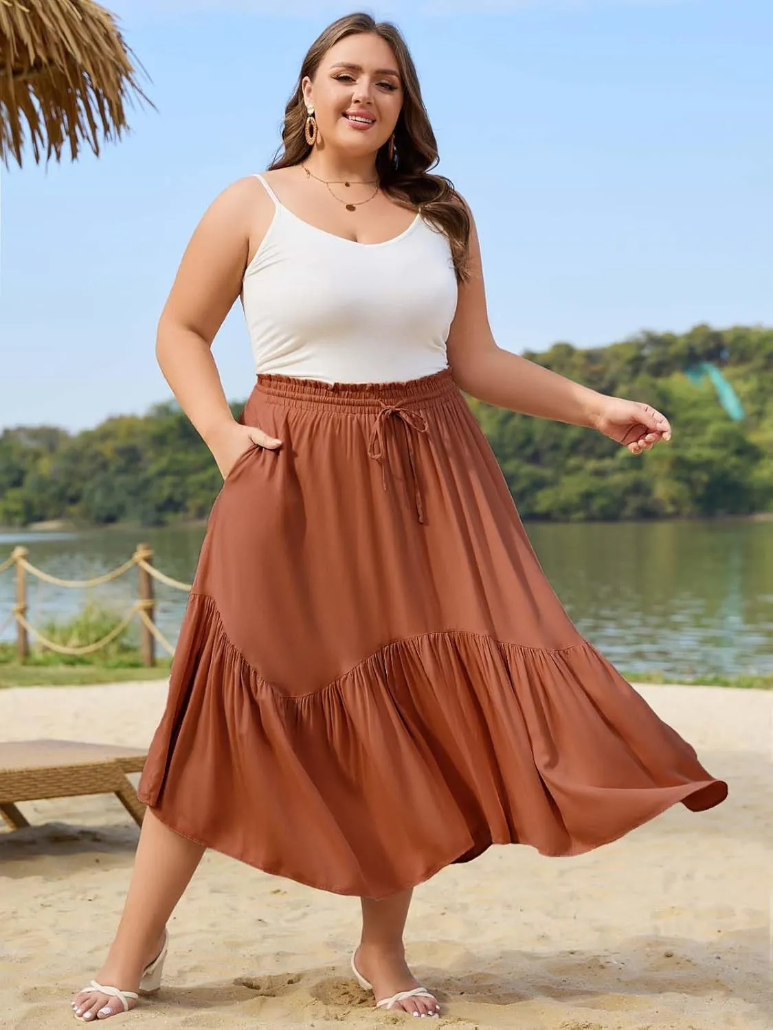 Moon Wood Women's Plus Size Boho Maxi Skirt Tiered Flowy High Waist Long Maxi Skirt with Pockets