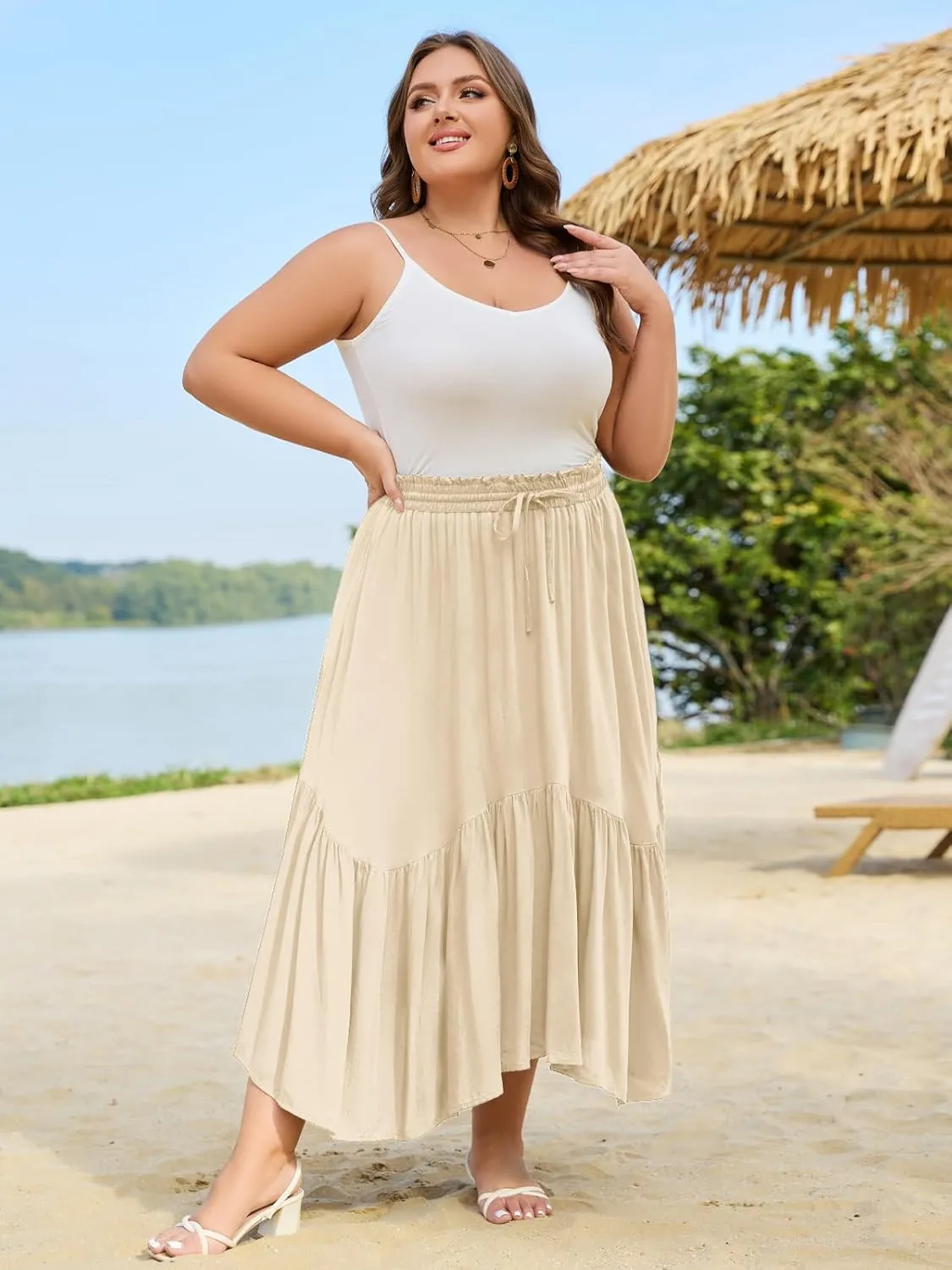 Moon Wood Women's Plus Size Boho Maxi Skirt Tiered Flowy High Waist Long Maxi Skirt with Pockets