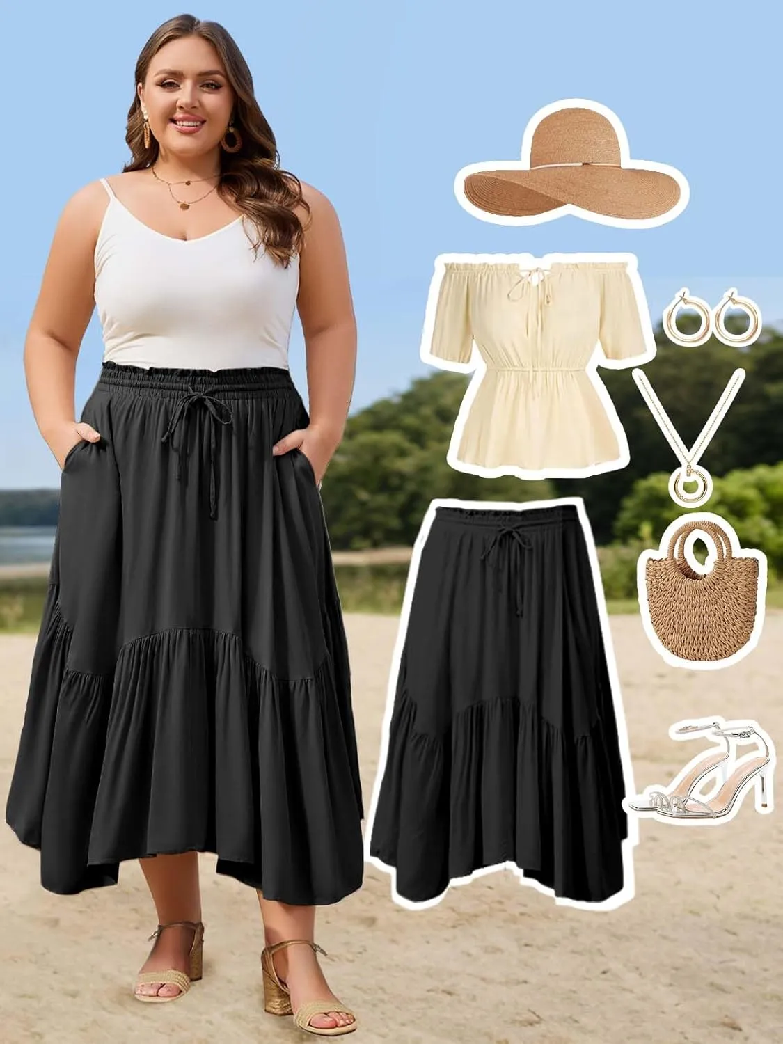 Moon Wood Women's Plus Size Boho Maxi Skirt Tiered Flowy High Waist Long Maxi Skirt with Pockets