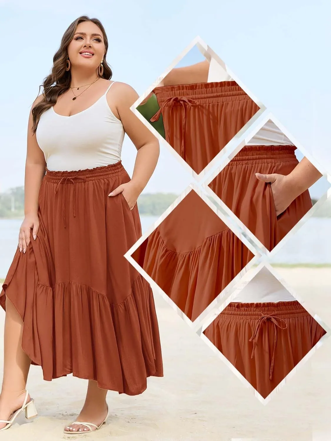 Moon Wood Women's Plus Size Boho Maxi Skirt Tiered Flowy High Waist Long Maxi Skirt with Pockets