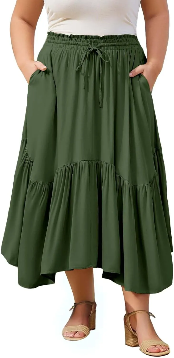 Moon Wood Women's Plus Size Boho Maxi Skirt Tiered Flowy High Waist Long Maxi Skirt with Pockets