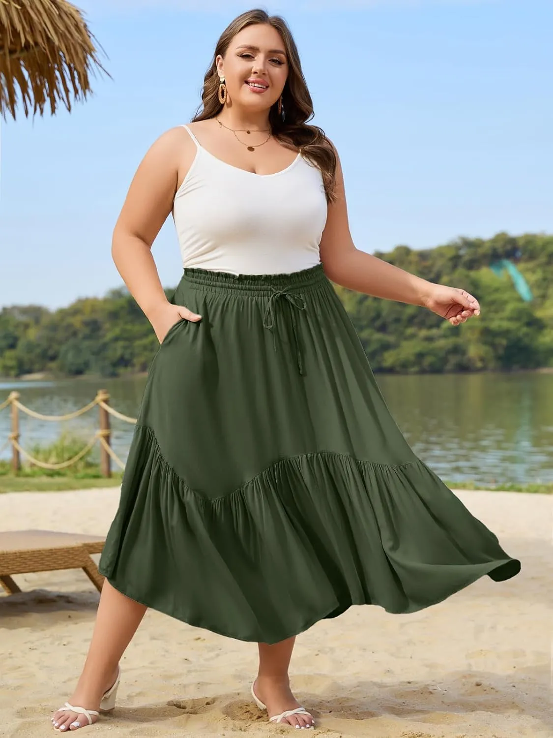 Moon Wood Women's Plus Size Boho Maxi Skirt Tiered Flowy High Waist Long Maxi Skirt with Pockets