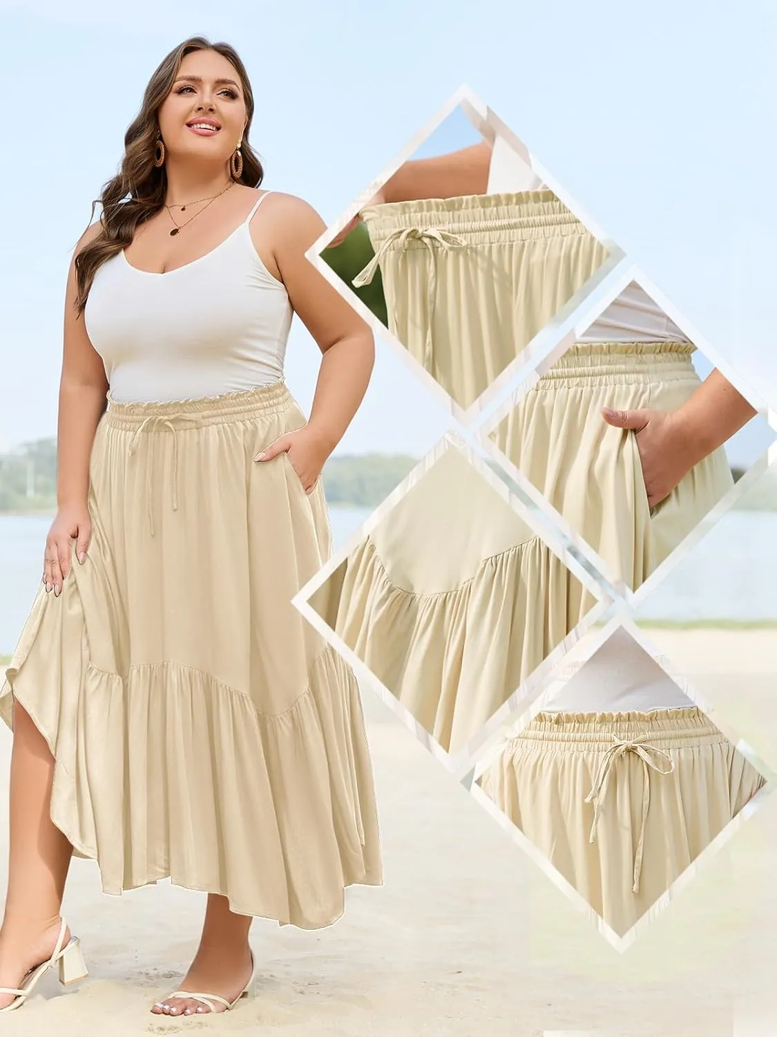 Moon Wood Women's Plus Size Boho Maxi Skirt Tiered Flowy High Waist Long Maxi Skirt with Pockets