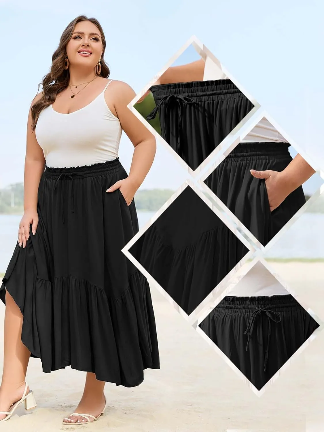 Moon Wood Women's Plus Size Boho Maxi Skirt Tiered Flowy High Waist Long Maxi Skirt with Pockets