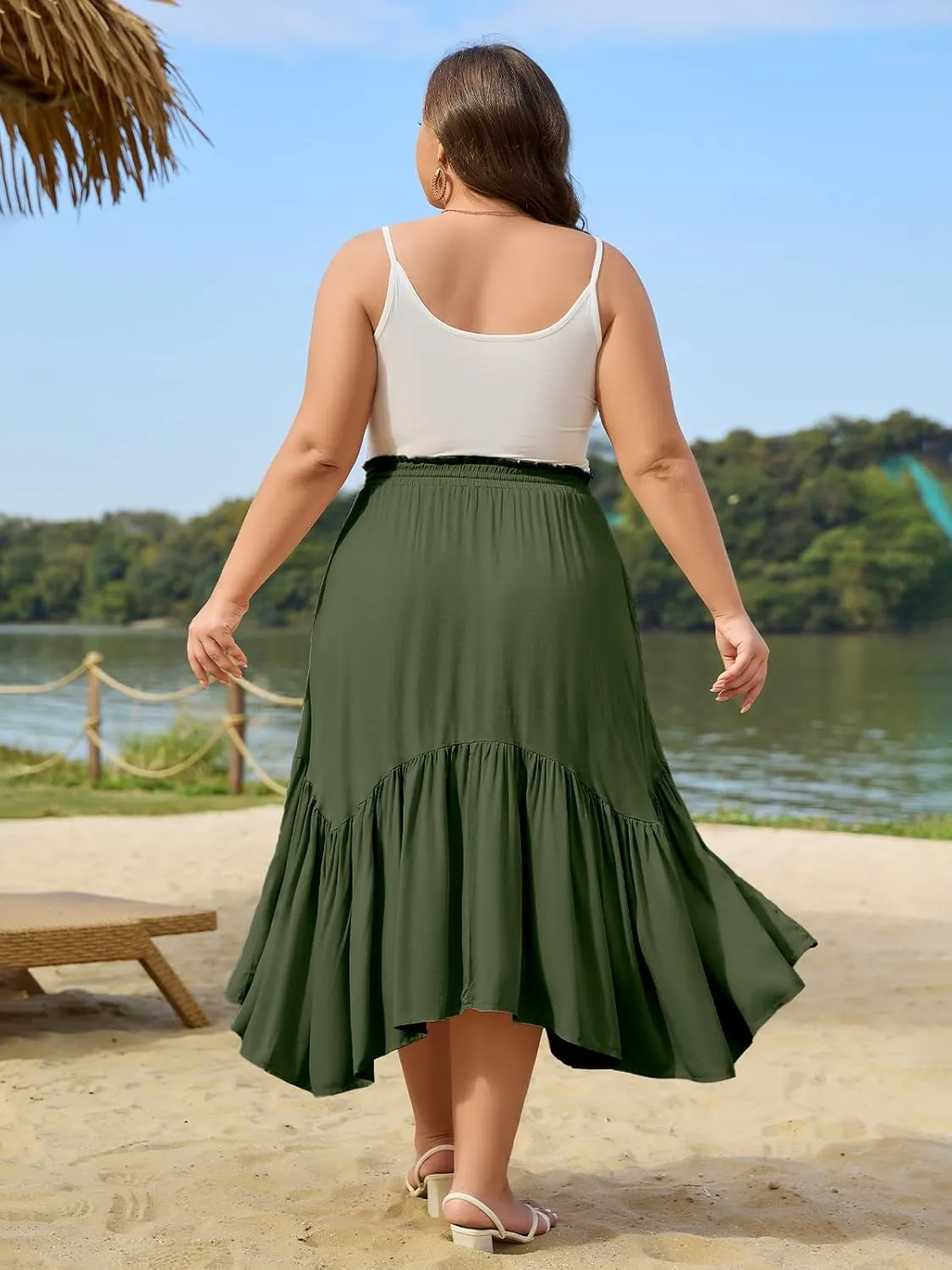 Moon Wood Women's Plus Size Boho Maxi Skirt Tiered Flowy High Waist Long Maxi Skirt with Pockets