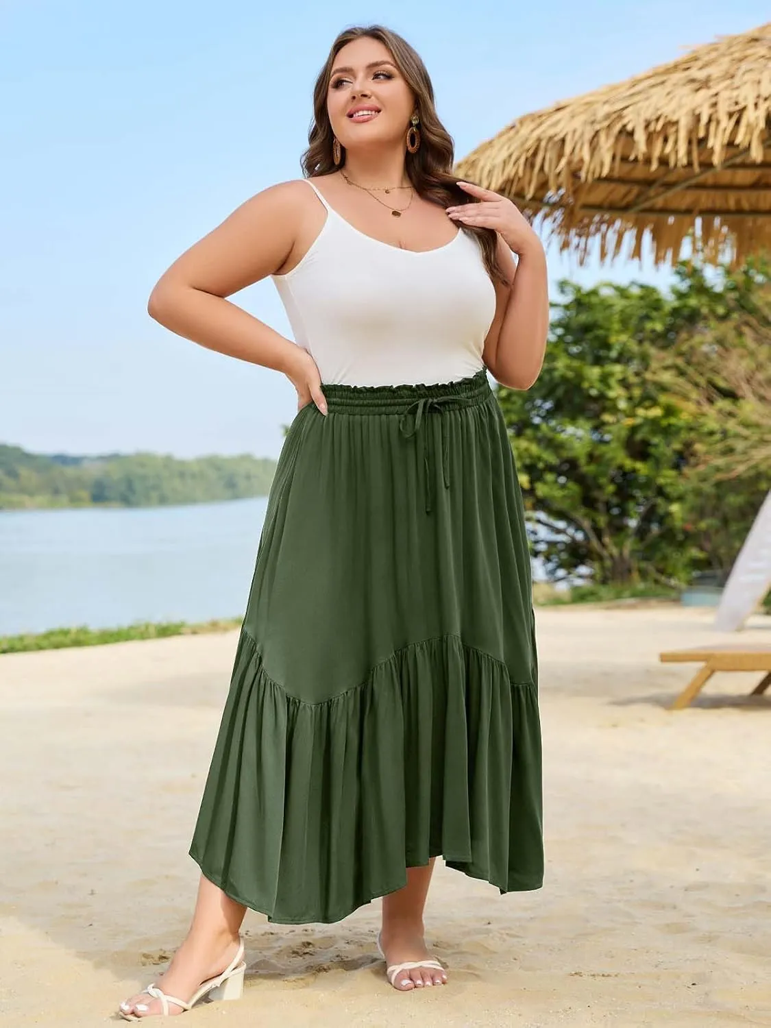 Moon Wood Women's Plus Size Boho Maxi Skirt Tiered Flowy High Waist Long Maxi Skirt with Pockets