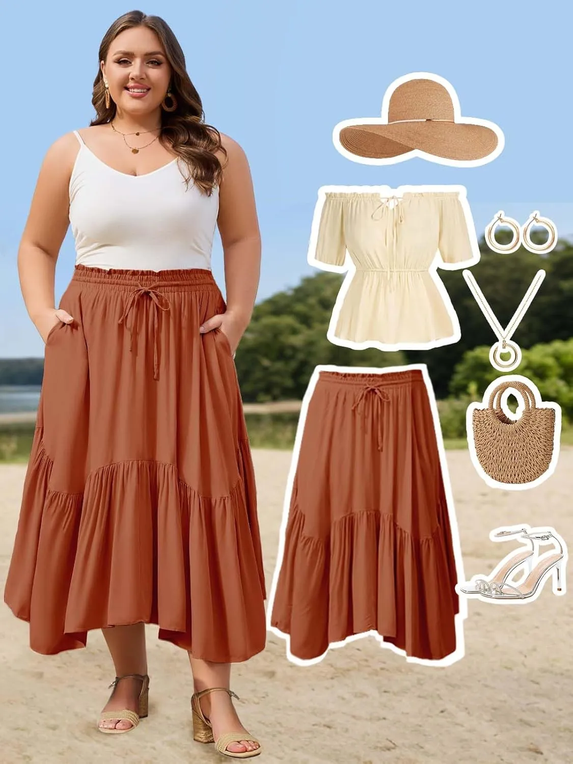 Moon Wood Women's Plus Size Boho Maxi Skirt Tiered Flowy High Waist Long Maxi Skirt with Pockets