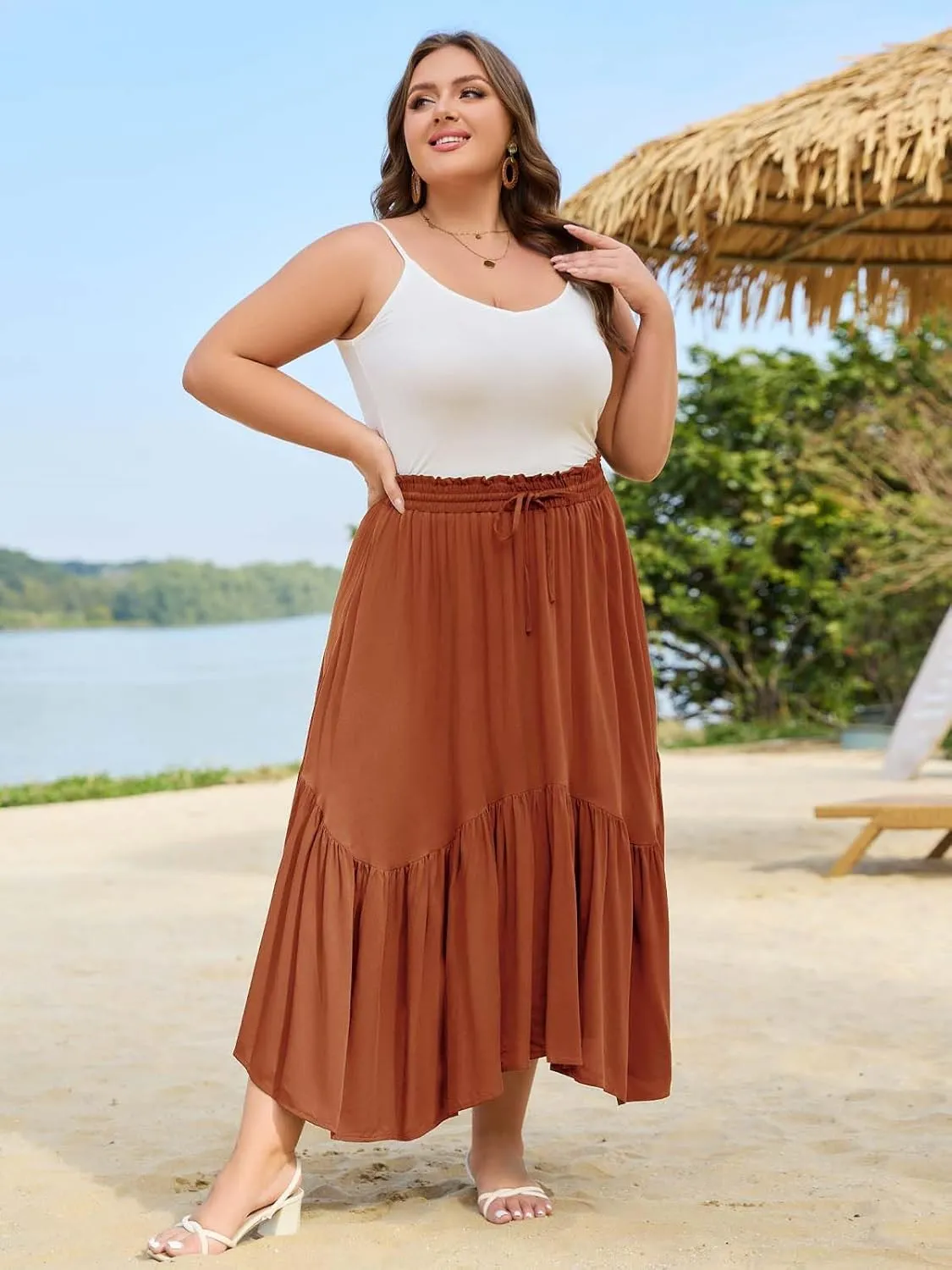 Moon Wood Women's Plus Size Boho Maxi Skirt Tiered Flowy High Waist Long Maxi Skirt with Pockets