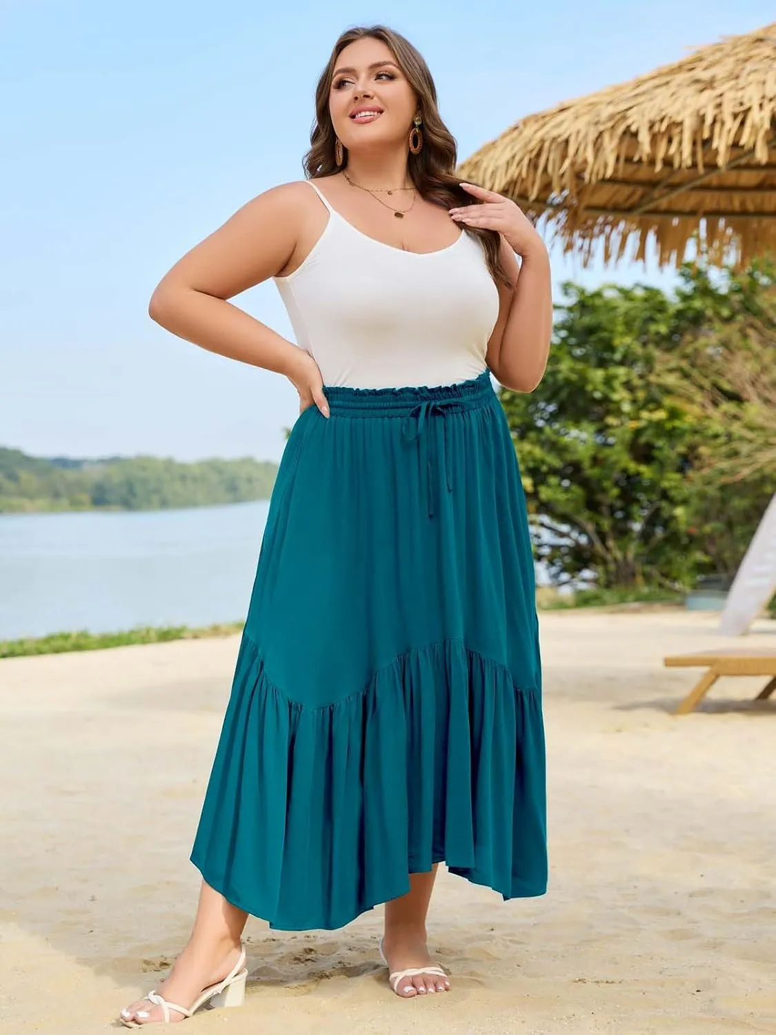 Moon Wood Women's Plus Size Boho Maxi Skirt Tiered Flowy High Waist Long Maxi Skirt with Pockets