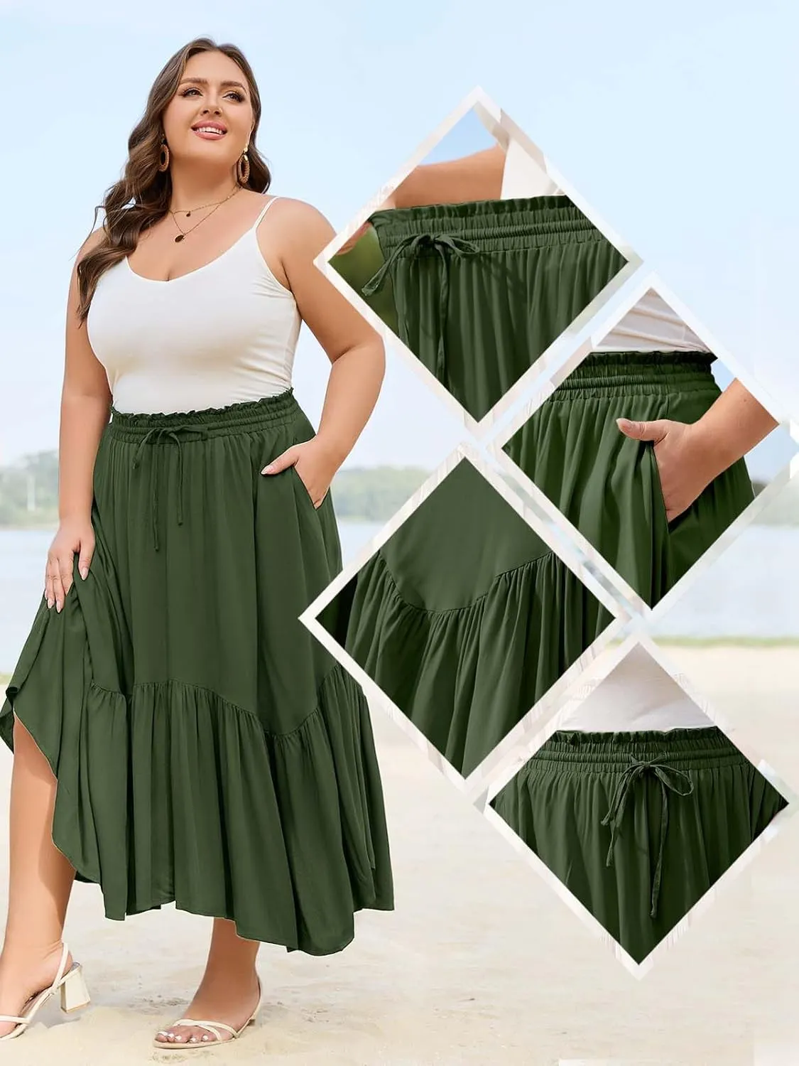 Moon Wood Women's Plus Size Boho Maxi Skirt Tiered Flowy High Waist Long Maxi Skirt with Pockets