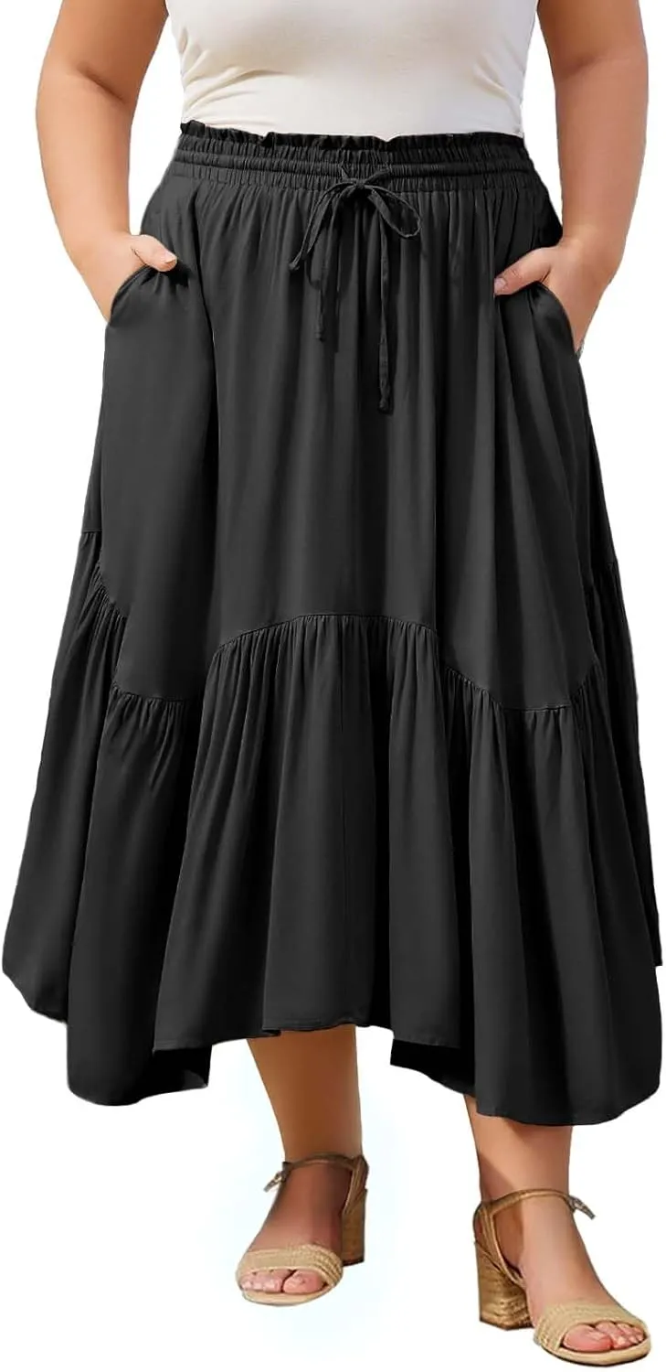 Moon Wood Women's Plus Size Boho Maxi Skirt Tiered Flowy High Waist Long Maxi Skirt with Pockets