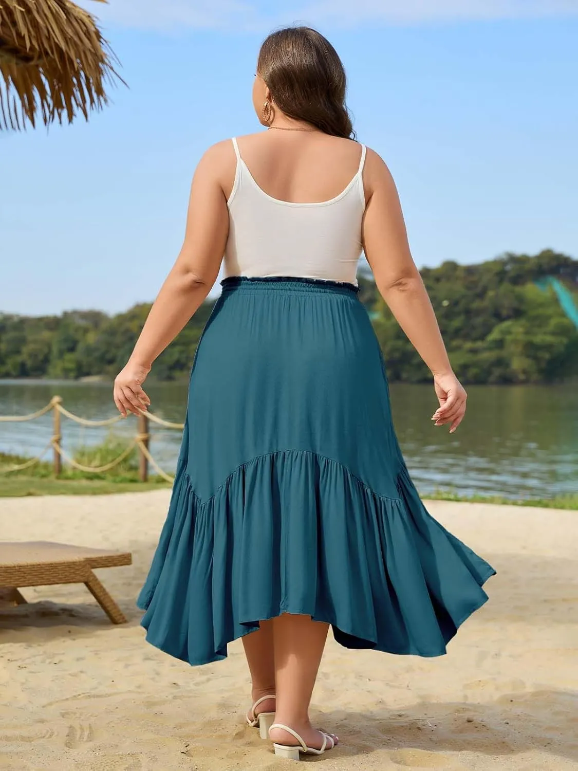 Moon Wood Women's Plus Size Boho Maxi Skirt Tiered Flowy High Waist Long Maxi Skirt with Pockets