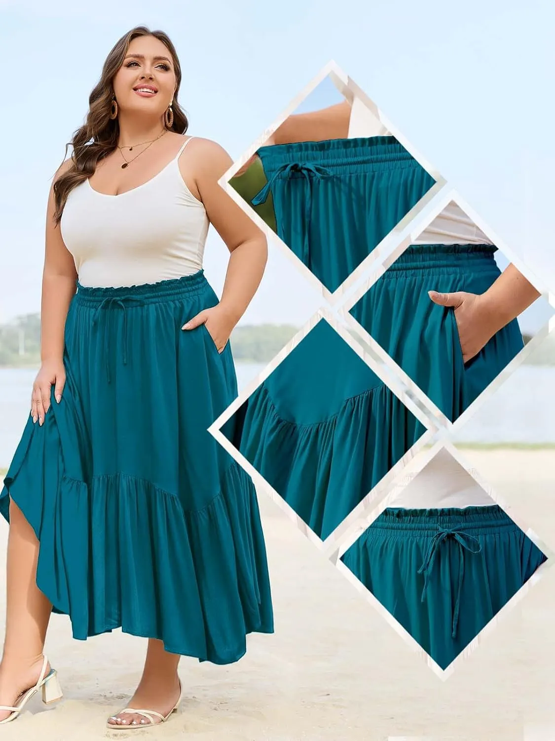 Moon Wood Women's Plus Size Boho Maxi Skirt Tiered Flowy High Waist Long Maxi Skirt with Pockets