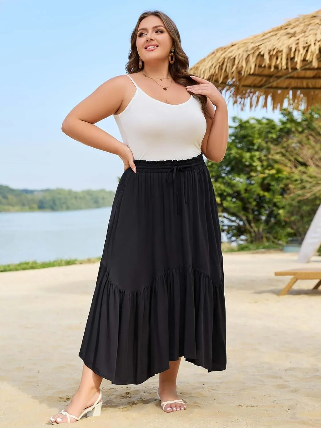 Moon Wood Women's Plus Size Boho Maxi Skirt Tiered Flowy High Waist Long Maxi Skirt with Pockets