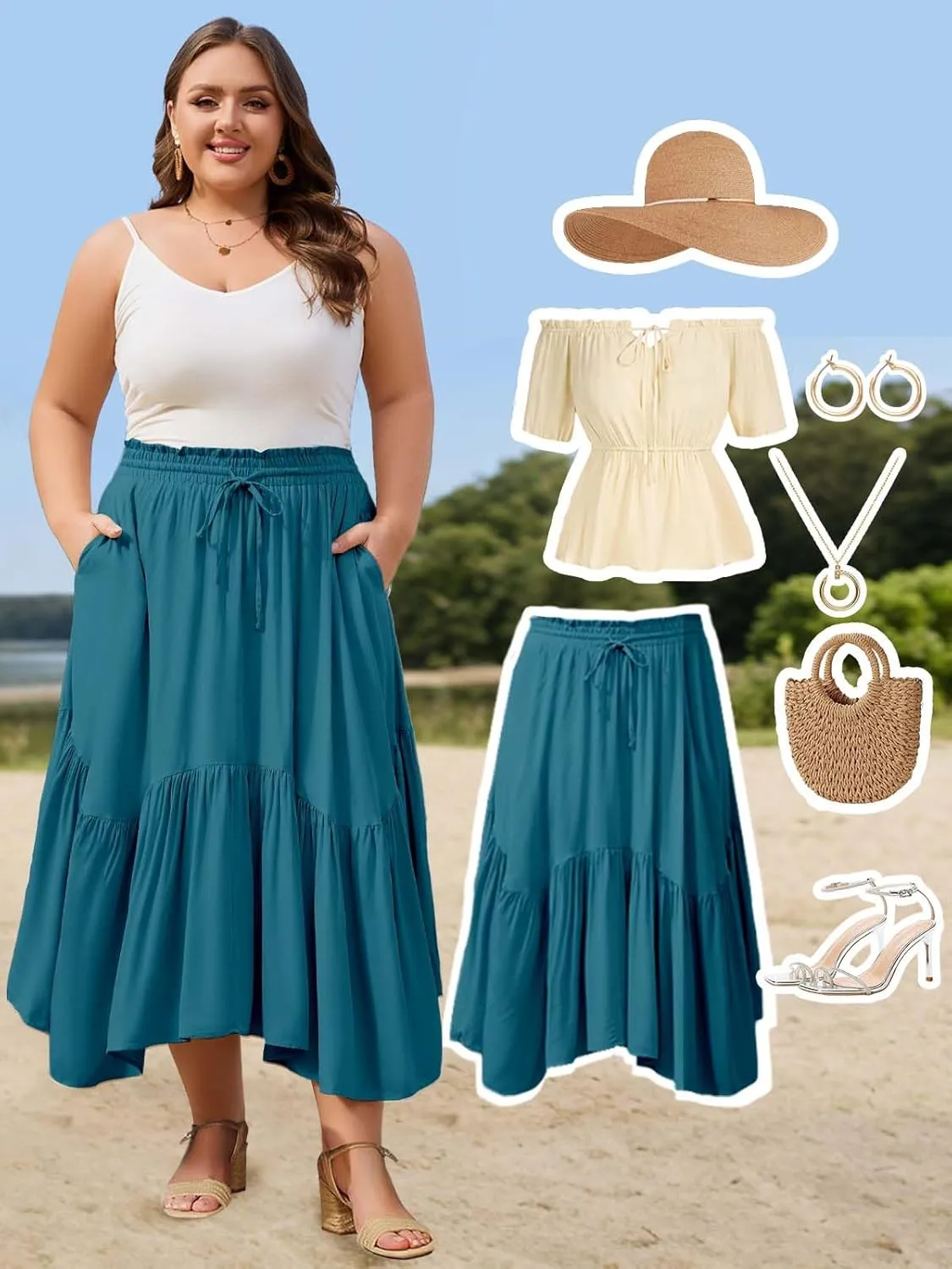 Moon Wood Women's Plus Size Boho Maxi Skirt Tiered Flowy High Waist Long Maxi Skirt with Pockets
