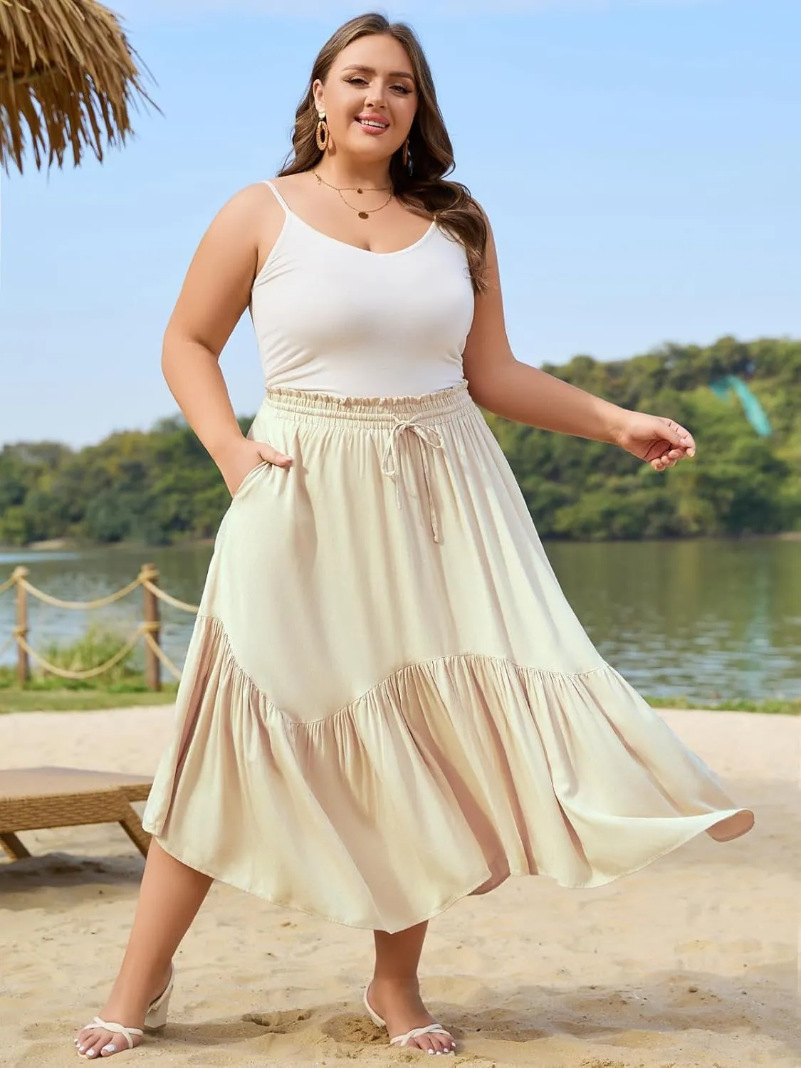 Moon Wood Women's Plus Size Boho Maxi Skirt Tiered Flowy High Waist Long Maxi Skirt with Pockets