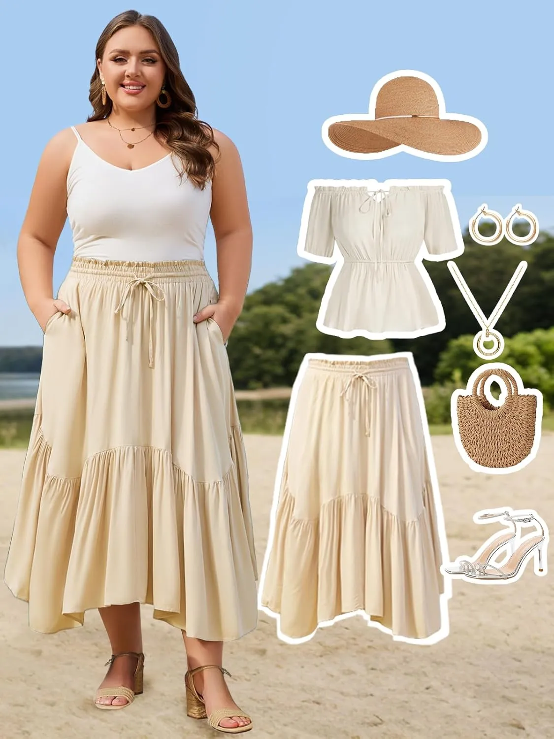 Moon Wood Women's Plus Size Boho Maxi Skirt Tiered Flowy High Waist Long Maxi Skirt with Pockets