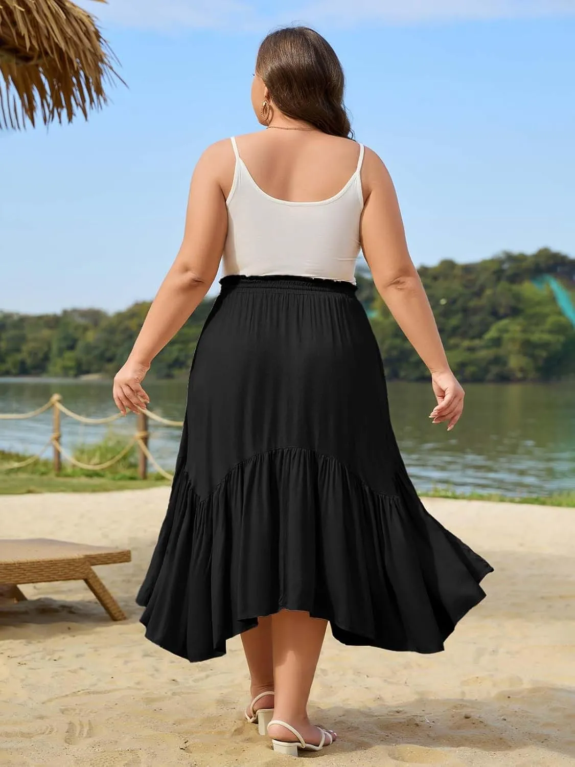 Moon Wood Women's Plus Size Boho Maxi Skirt Tiered Flowy High Waist Long Maxi Skirt with Pockets
