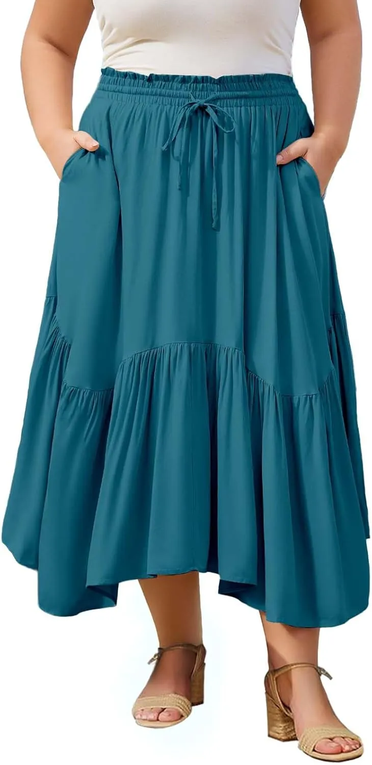 Moon Wood Women's Plus Size Boho Maxi Skirt Tiered Flowy High Waist Long Maxi Skirt with Pockets