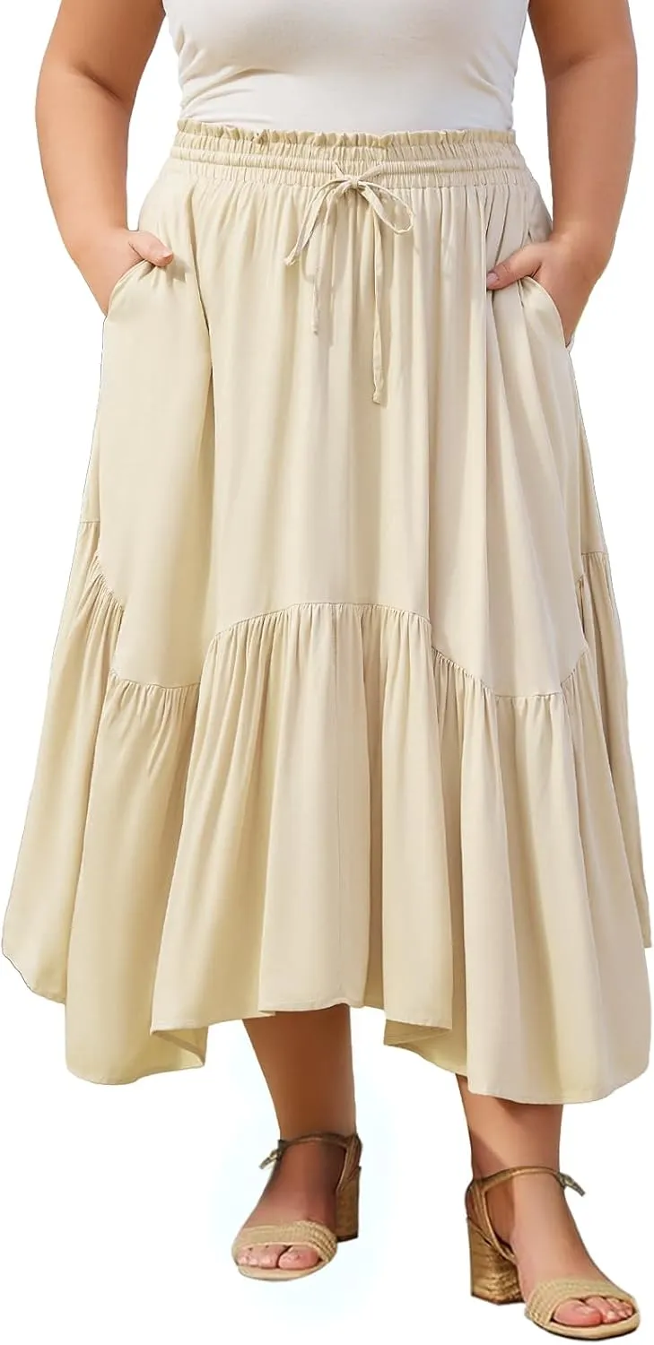 Moon Wood Women's Plus Size Boho Maxi Skirt Tiered Flowy High Waist Long Maxi Skirt with Pockets