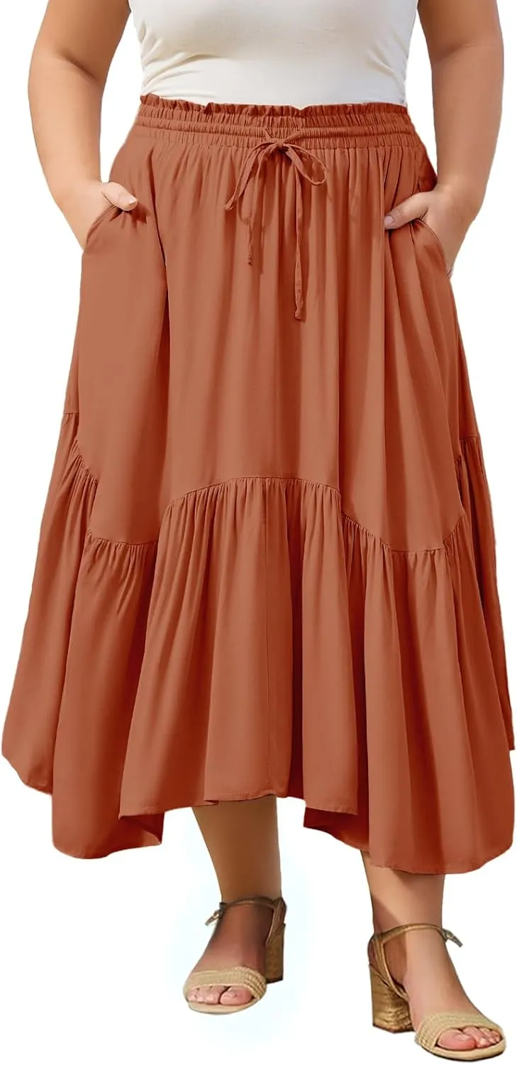 Moon Wood Women's Plus Size Boho Maxi Skirt Tiered Flowy High Waist Long Maxi Skirt with Pockets