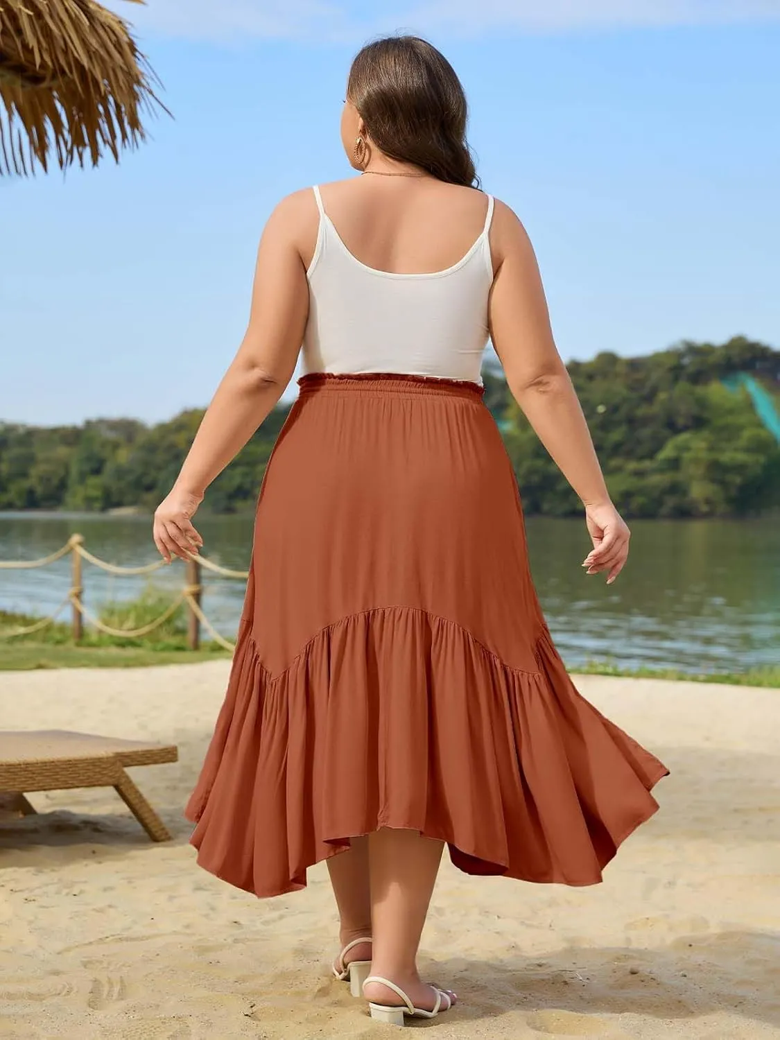 Moon Wood Women's Plus Size Boho Maxi Skirt Tiered Flowy High Waist Long Maxi Skirt with Pockets