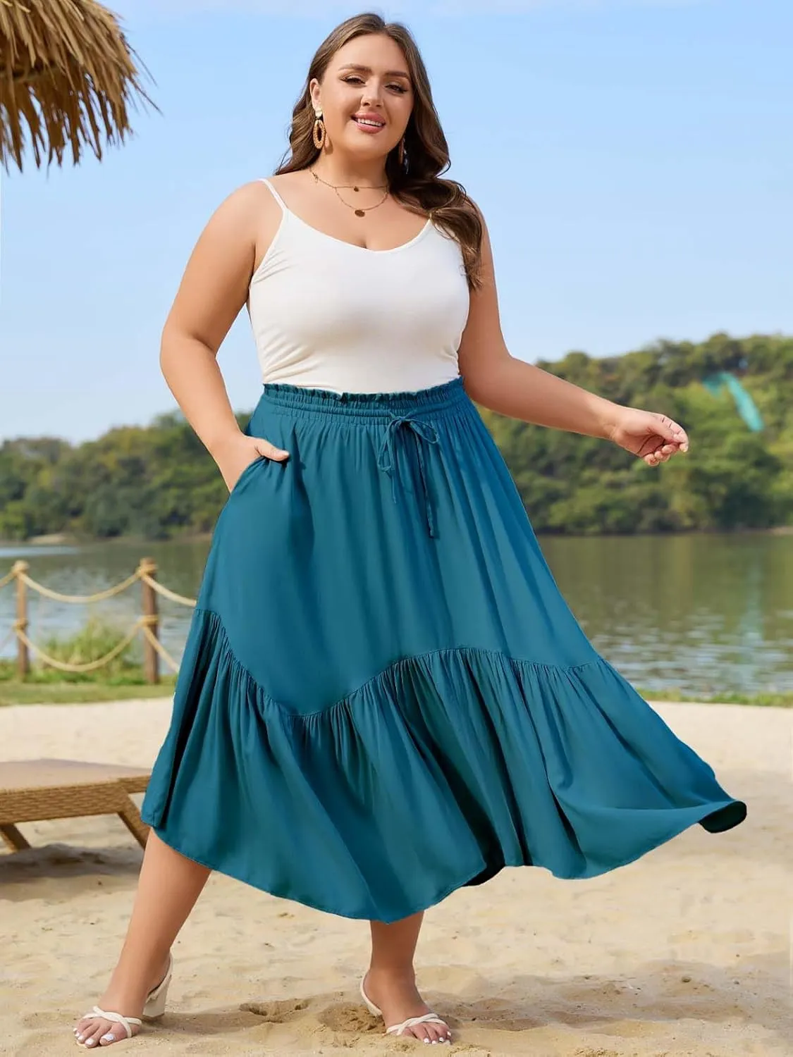 Moon Wood Women's Plus Size Boho Maxi Skirt Tiered Flowy High Waist Long Maxi Skirt with Pockets
