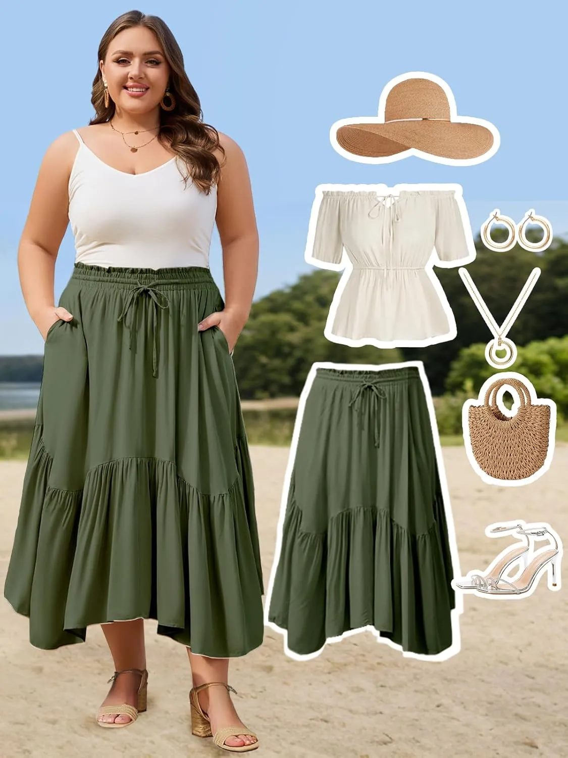 Moon Wood Women's Plus Size Boho Maxi Skirt Tiered Flowy High Waist Long Maxi Skirt with Pockets