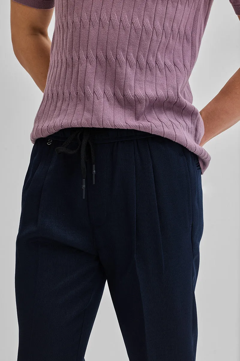 Navy Textured Relaxed Fit Trousers