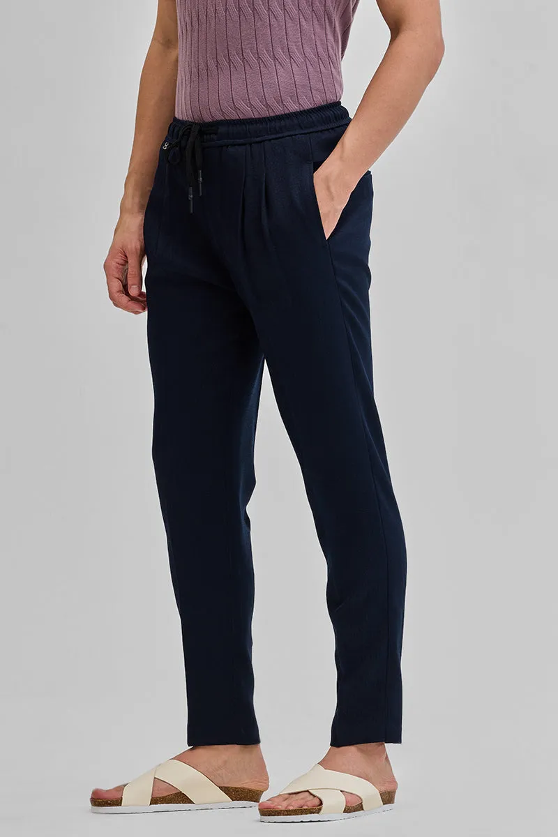 Navy Textured Relaxed Fit Trousers